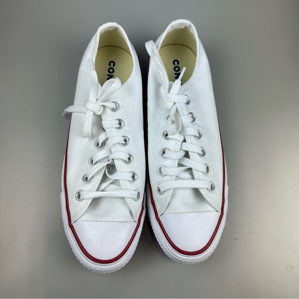 Converse White Low Top Canvas Sneakers with Red and Black Stripes - Picture 7 of 12